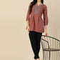 Brown Chinon Floral Embroidered Top - Zeny