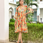 Vaasva Women's Orange Cotton Embroidered& Digital Printed Dress | Swadesiicart