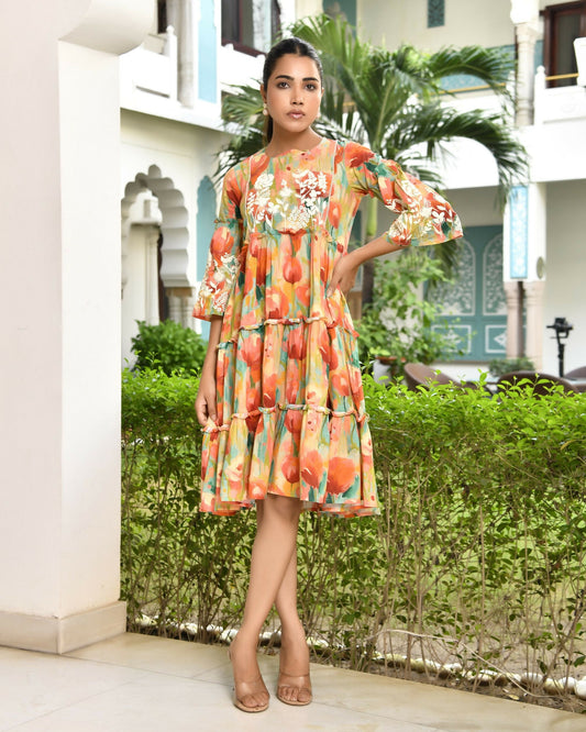 Vaasva Women's Orange Cotton Embroidered& Digital Printed Dress | Swadesiicart