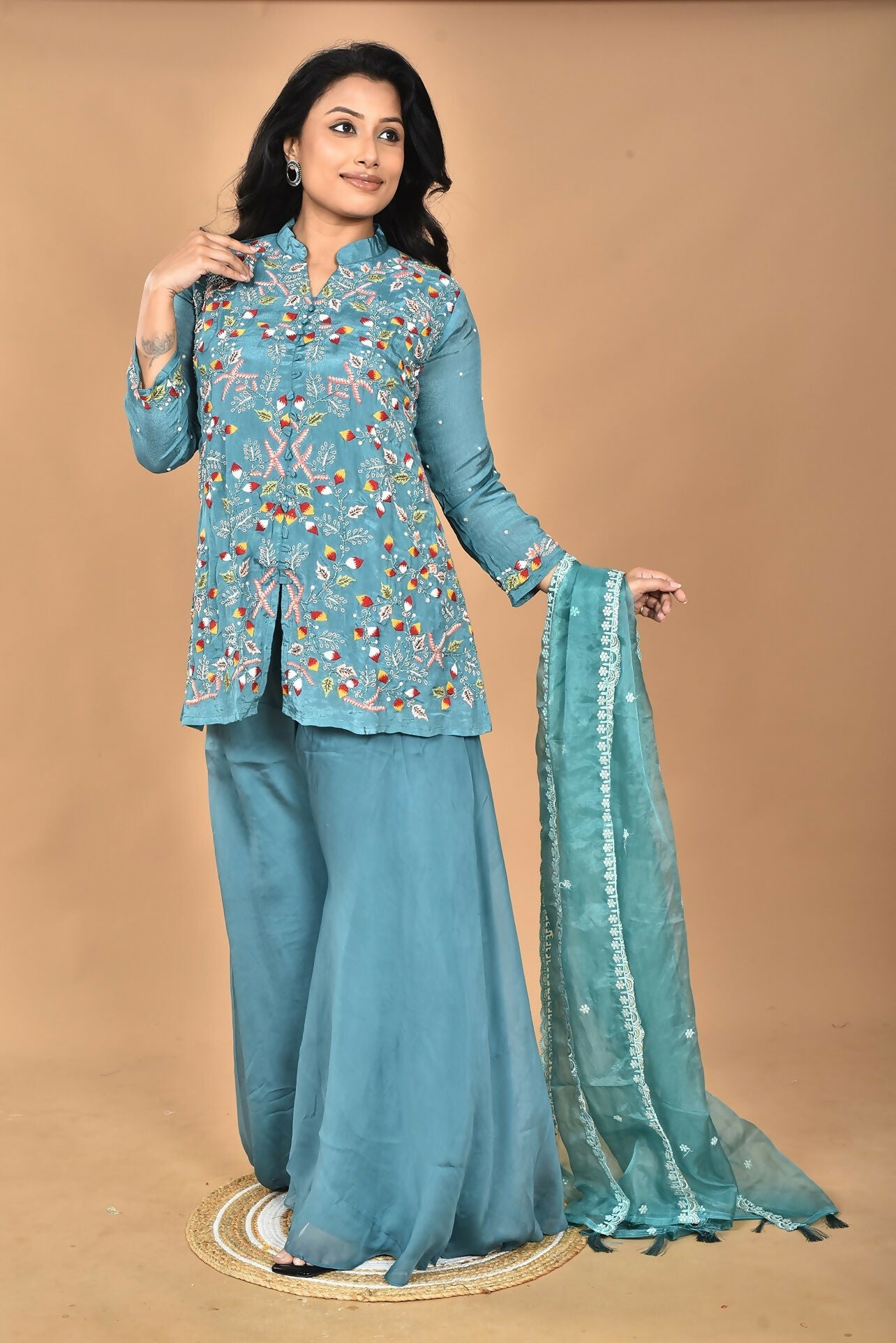 Morchari Women And Hand Embroidery Palazzo Set-Green - Swadesiicart