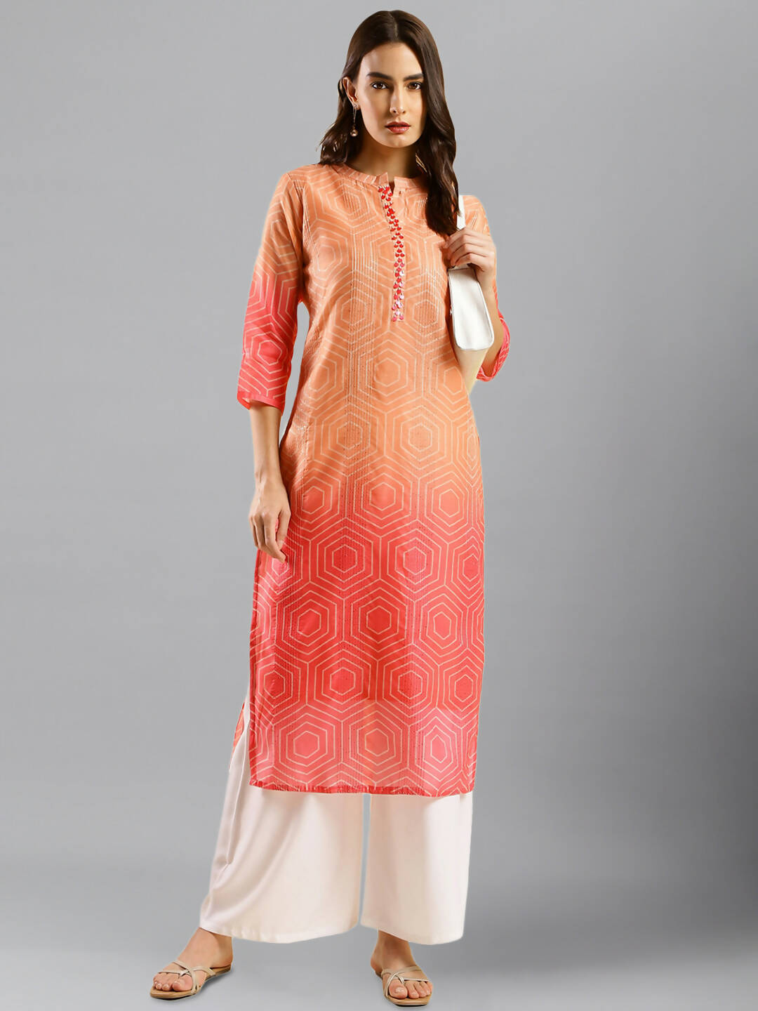 Peach Chinon Digital Printed With Hand Work Kurta - Himanshi - Swadesiicart