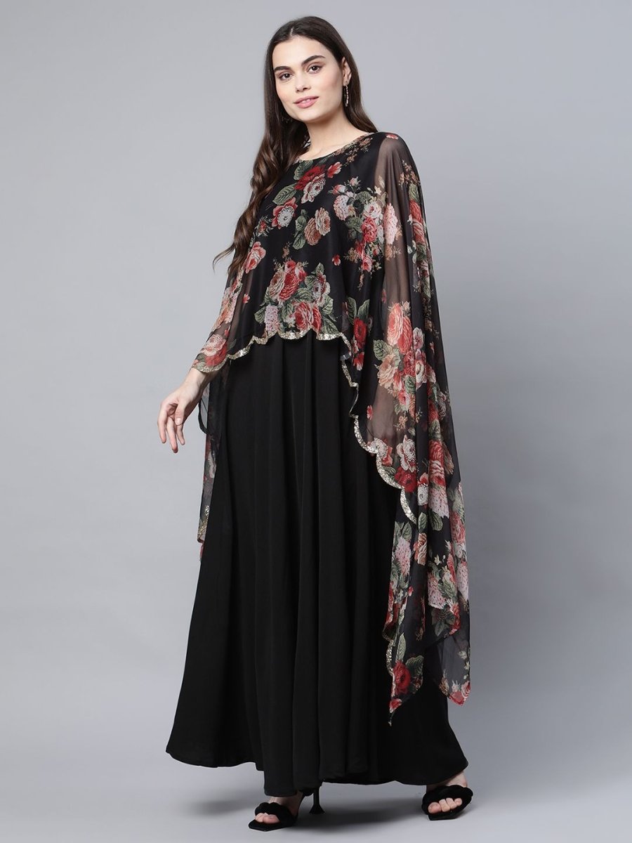 Ahalyaa Women Black Crepe Dress With Attached Dupatta | Swadesiicart