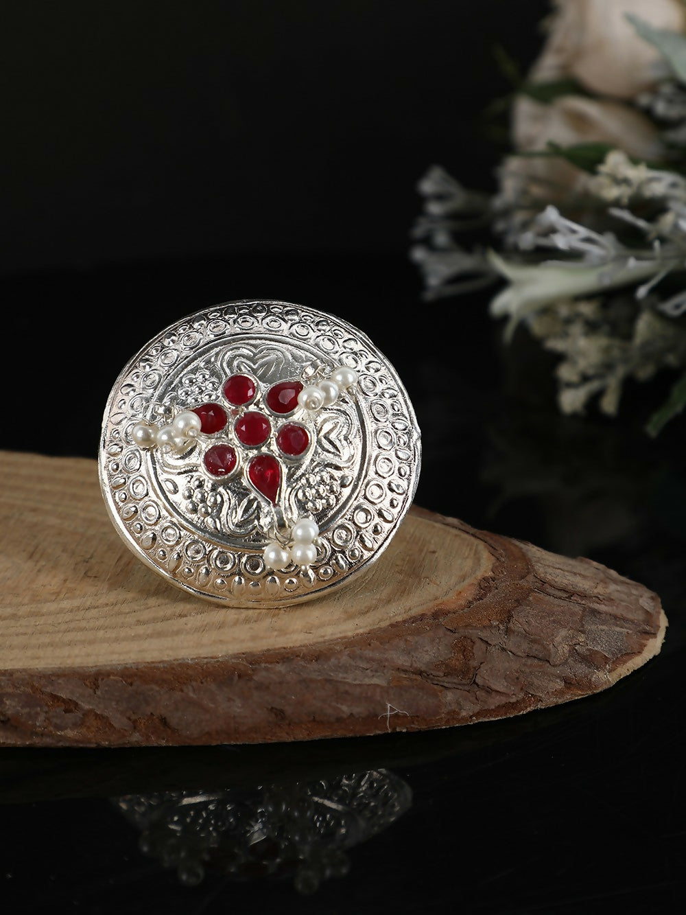 Joban Fashion Women Red Stone Silver Tone Ring | Swadesiicart