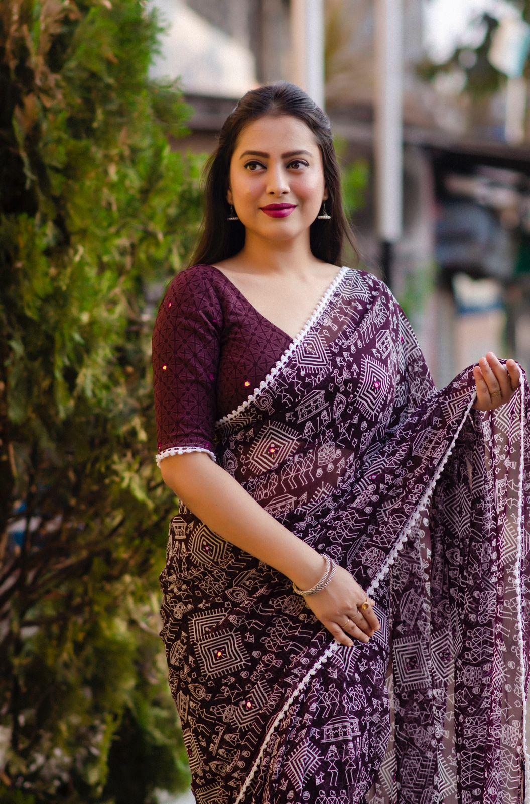 Jambali Poly Georgette Ethnic Motifs Saree with Unstitched Blouse - Hiral Fashion | Swadesiicart