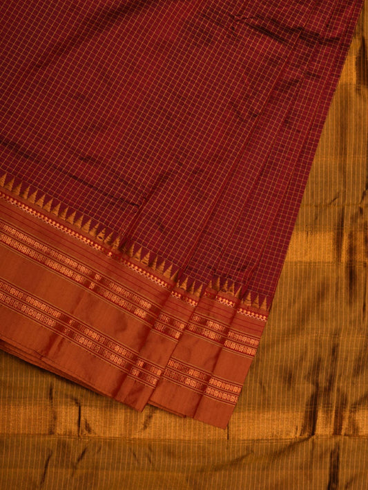 Brown and Mustard Narayanpet Silk Handloom Plain Saree with Traditional Border Design No Blouse - Global Threads | Swadesiicart