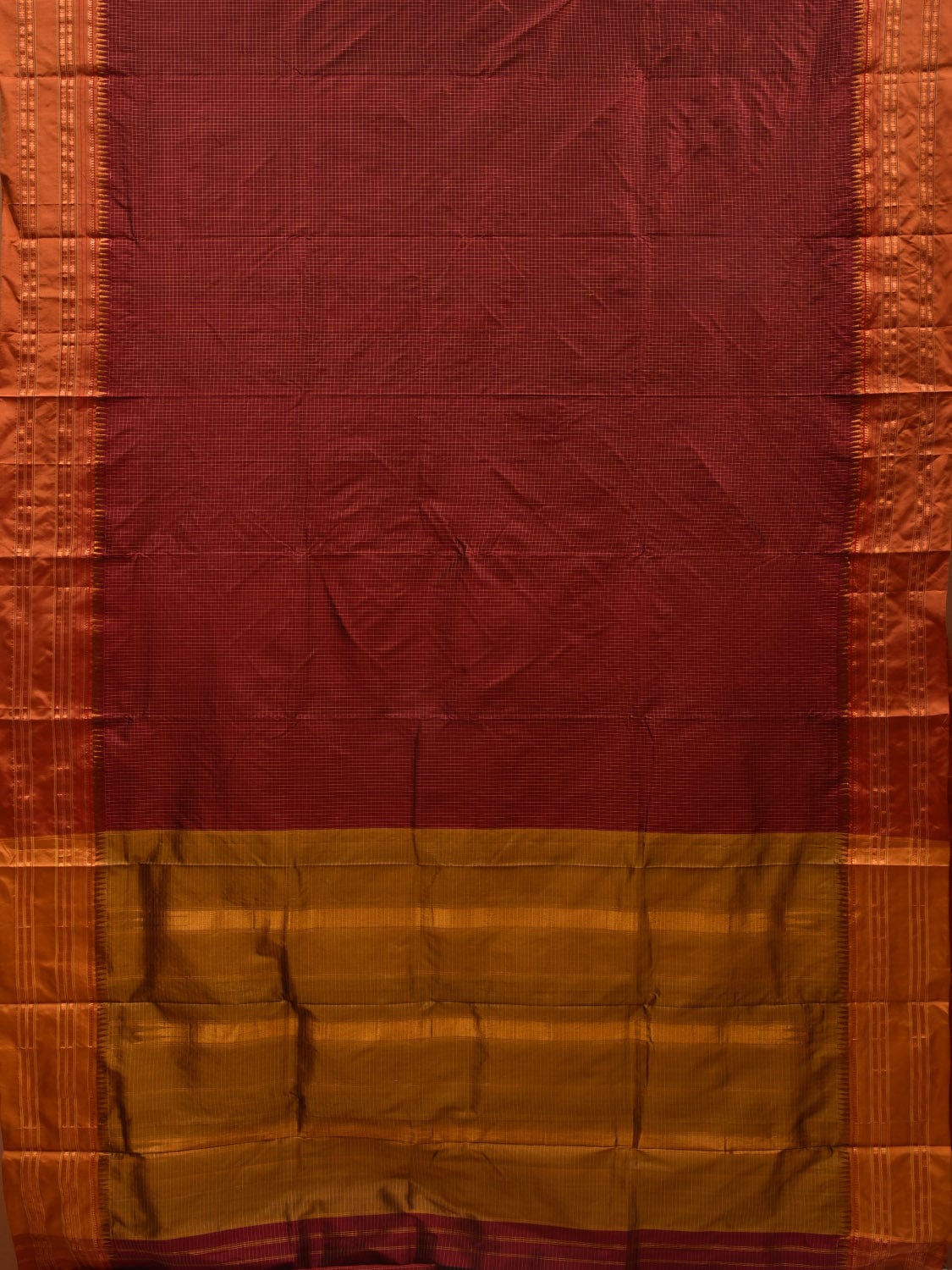 Brown and Mustard Narayanpet Silk Handloom Plain Saree with Traditional Border Design No Blouse - Global Threads | Swadesiicart