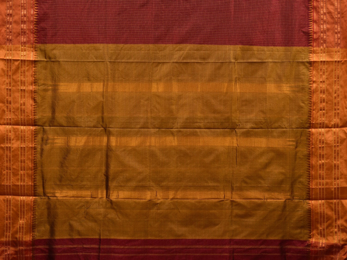 Brown and Mustard Narayanpet Silk Handloom Plain Saree with Traditional Border Design No Blouse - Global Threads | Swadesiicart