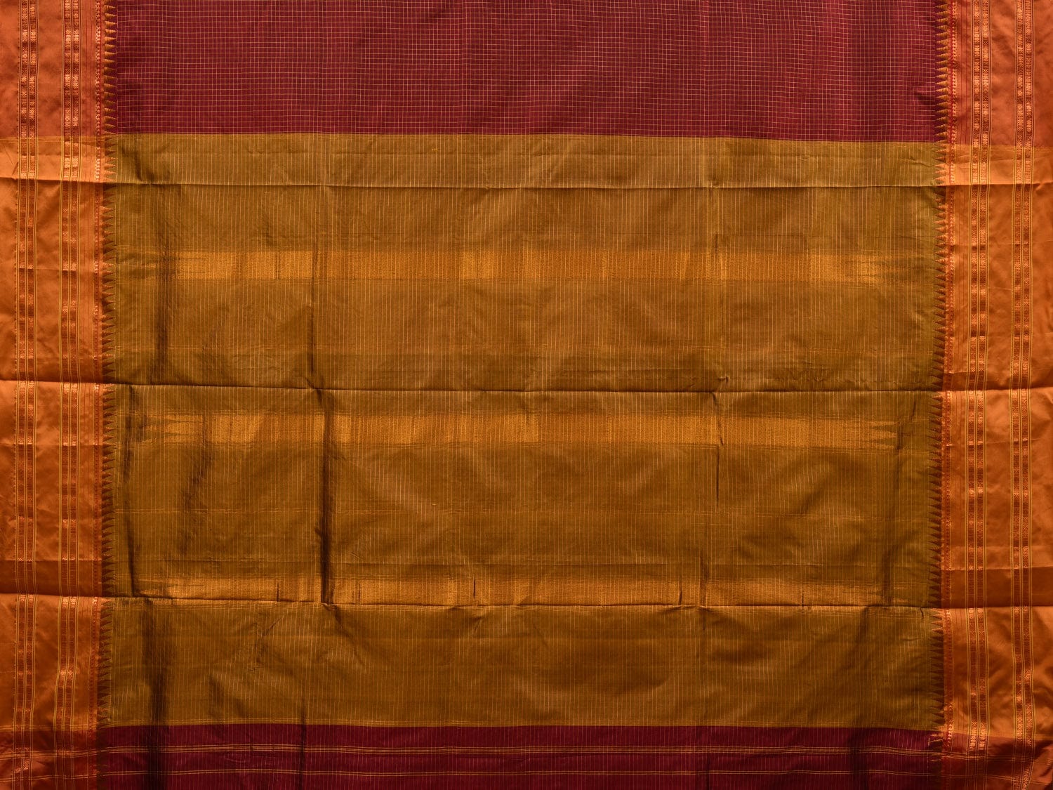 Brown and Mustard Narayanpet Silk Handloom Plain Saree with Traditional Border Design No Blouse - Global Threads | Swadesiicart