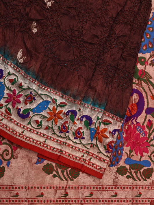 Brown Bandhani Paithani Silk Handloom Saree with Peacocks Border and Pallu Design - Global Threads | Swadesiicart