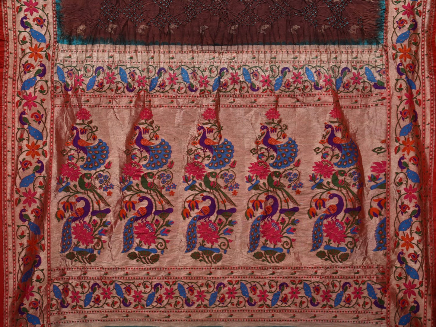 Brown Bandhani Paithani Silk Handloom Saree with Peacocks Border and Pallu Design - Global Threads | Swadesiicart