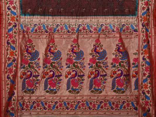 Brown Bandhani Paithani Silk Handloom Saree with Peacocks Border and Pallu Design - Global Threads | Swadesiicart