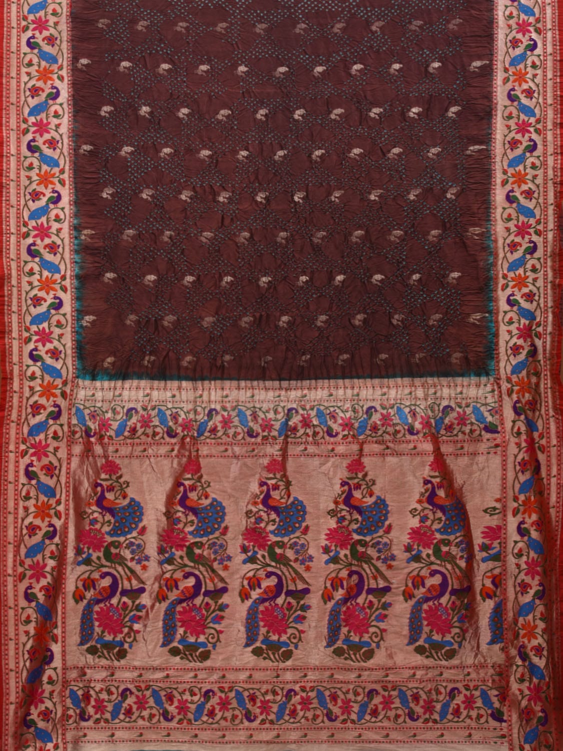 Brown Bandhani Paithani Silk Handloom Saree with Peacocks Border and Pallu Design - Global Threads | Swadesiicart