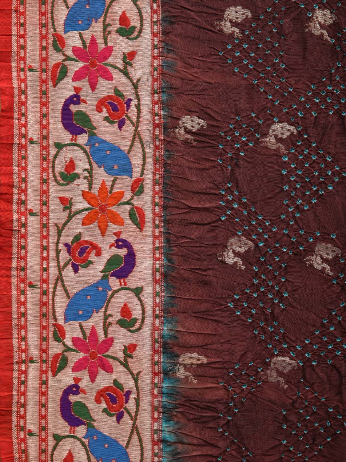 Brown Bandhani Paithani Silk Handloom Saree with Peacocks Border and Pallu Design - Global Threads | Swadesiicart