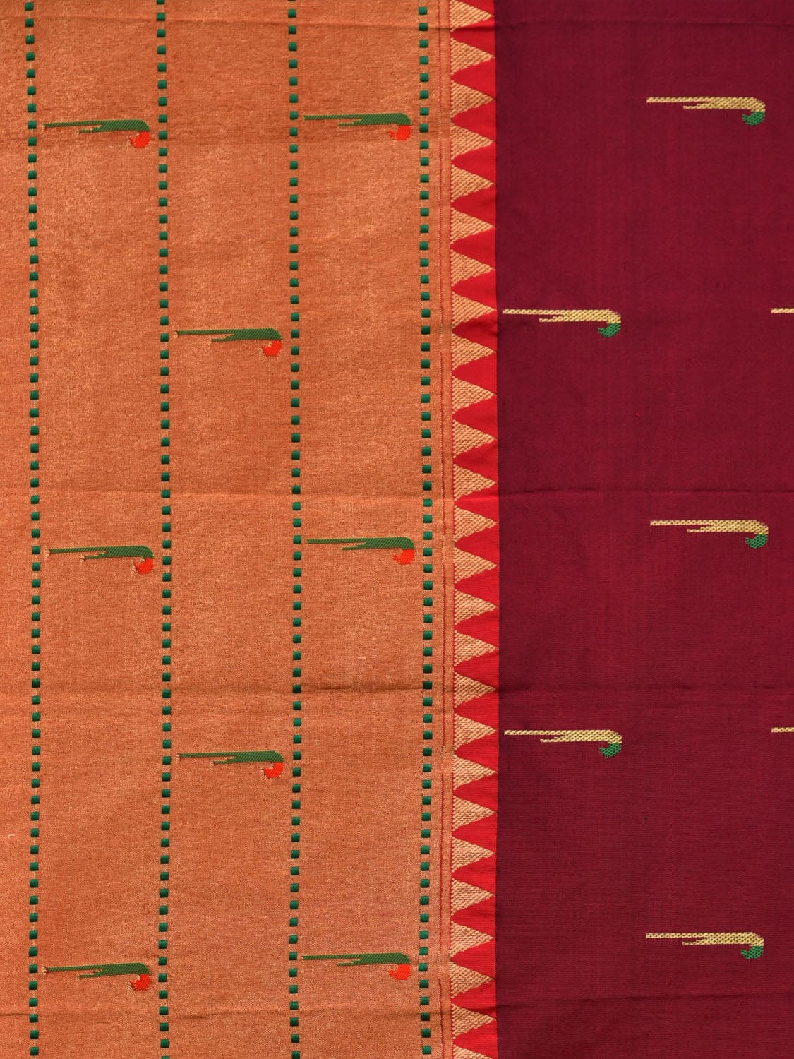 Brown Paithani Silk Handloom Saree with Triple Muniya Border and Pallu Design - Global Threads | Swadesiicart