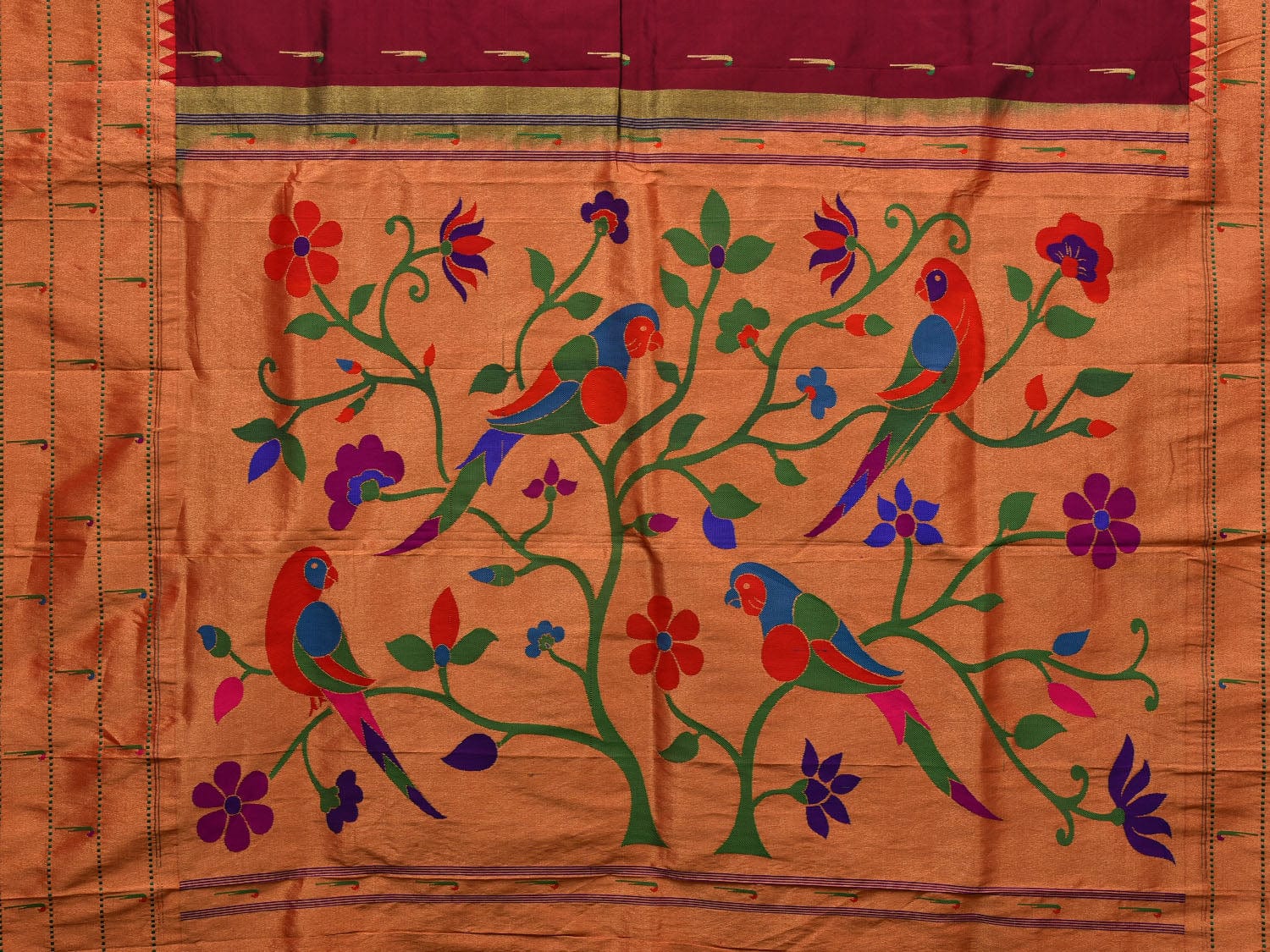 Brown Paithani Silk Handloom Saree with Triple Muniya Border and Pallu Design - Global Threads | Swadesiicart