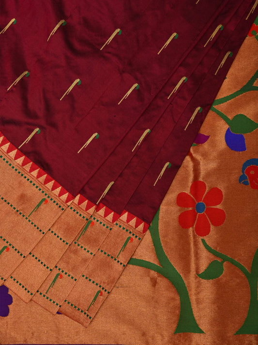 Brown Paithani Silk Handloom Saree with Triple Muniya Border and Pallu Design - Global Threads | Swadesiicart