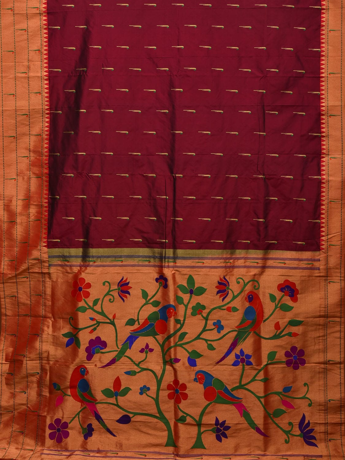 Brown Paithani Silk Handloom Saree with Triple Muniya Border and Pallu Design - Global Threads | Swadesiicart