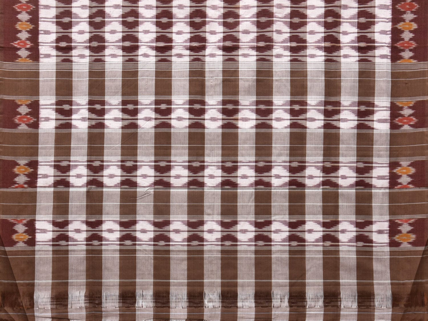 Brown Pochampally Ikat Cotton Handloom Saree with Strips Design No Blouse - Global Threads | Swadesiicart