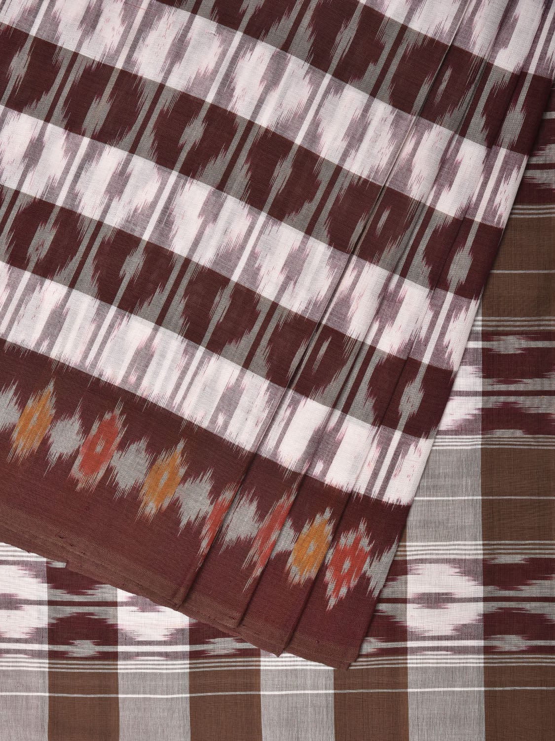 Brown Pochampally Ikat Cotton Handloom Saree with Strips Design No Blouse - Global Threads | Swadesiicart