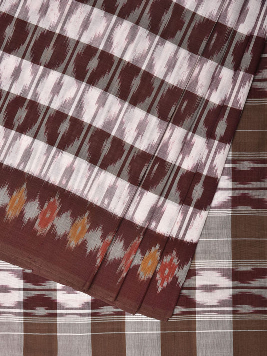 Brown Pochampally Ikat Cotton Handloom Saree with Strips Design No Blouse - Global Threads | Swadesiicart