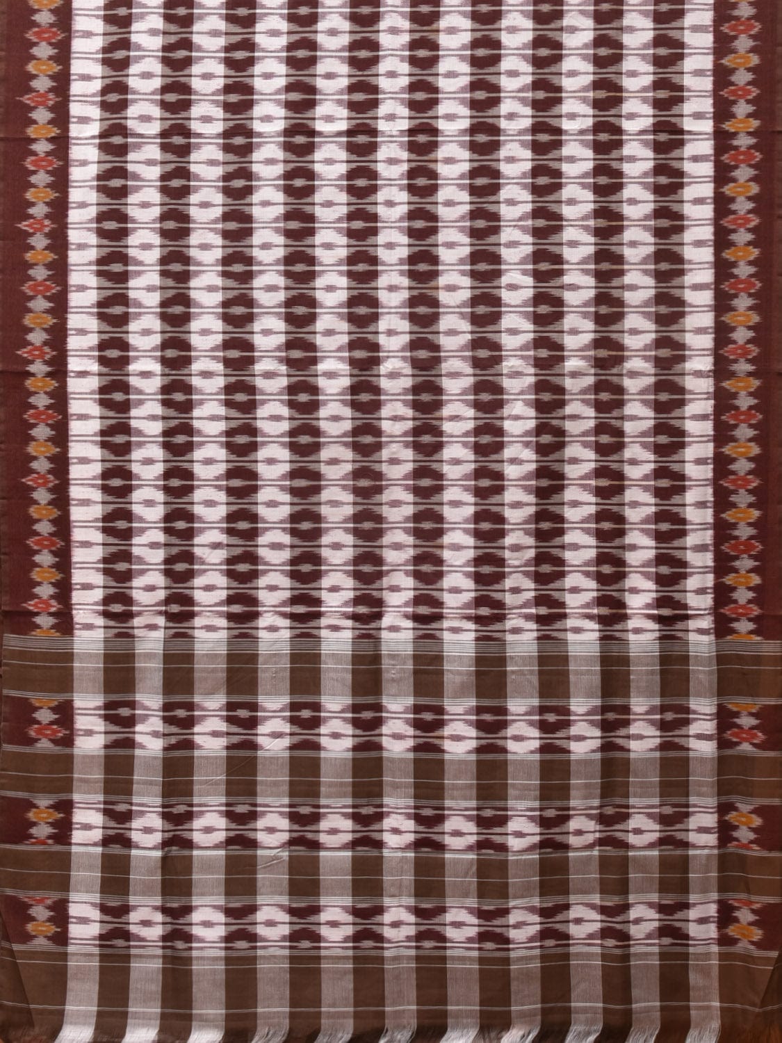 Brown Pochampally Ikat Cotton Handloom Saree with Strips Design No Blouse - Global Threads | Swadesiicart