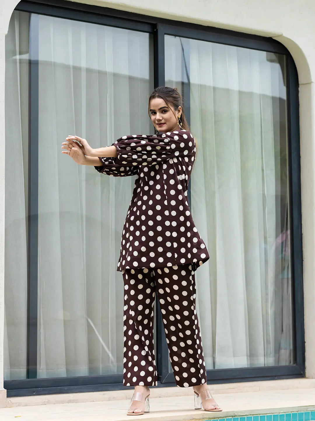 Yufta Brown Polka Dot Print Top And Trouser Co Ord Set - Swadesiicart