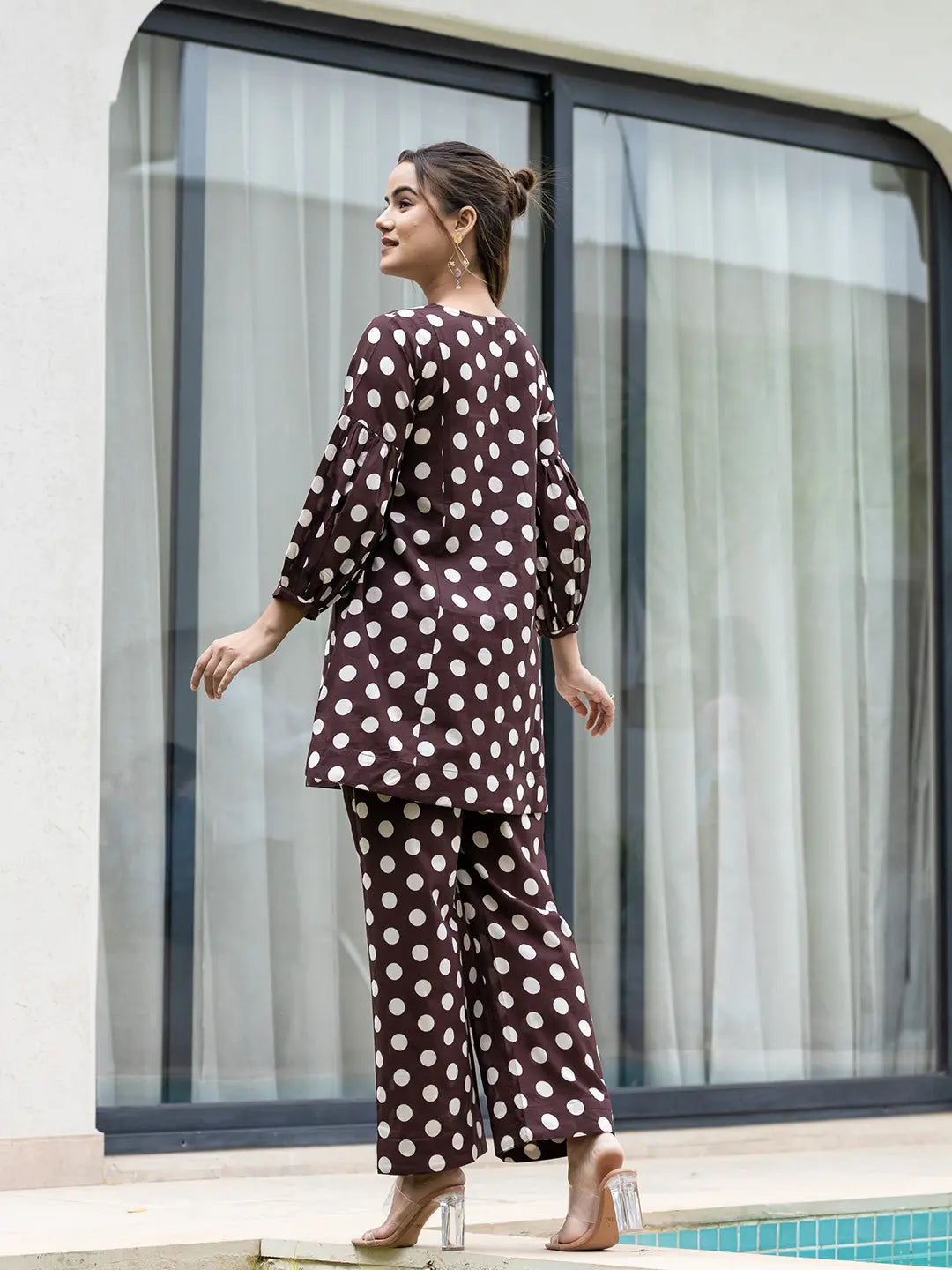 Yufta Brown Polka Dot Print Top And Trouser Co Ord Set - Swadesiicart