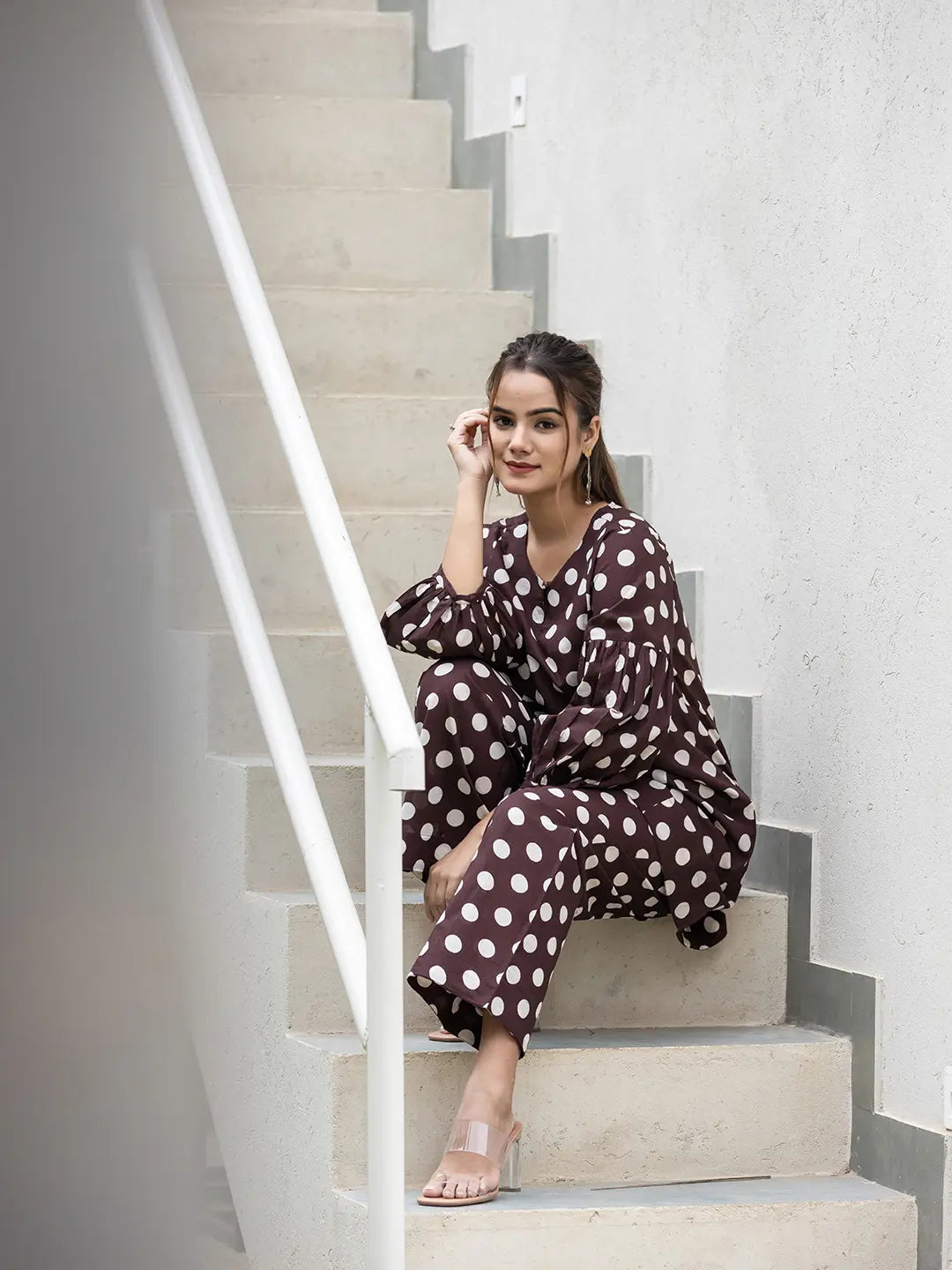 Yufta Brown Polka Dot Print Top And Trouser Co Ord Set - Swadesiicart