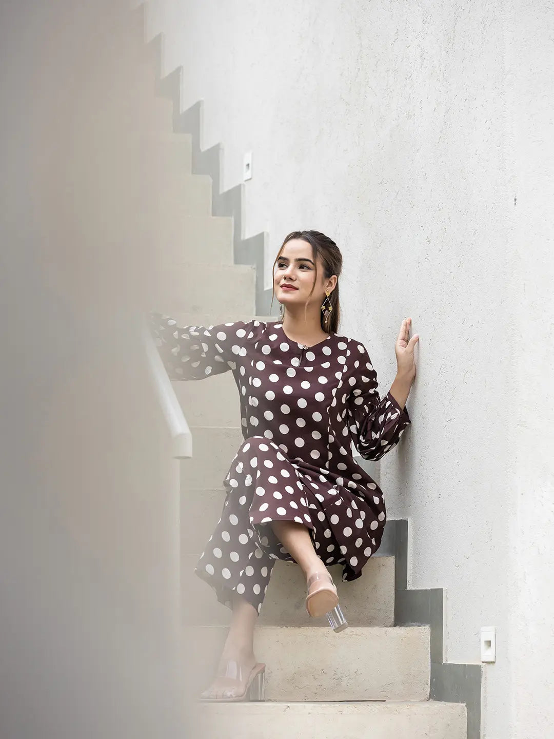 Yufta Brown Polka Dot Print Top And Trouser Co Ord Set - Swadesiicart