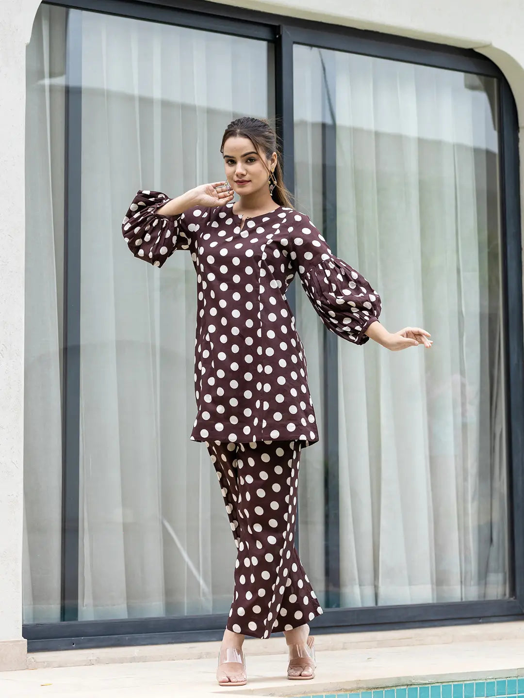 Yufta Brown Polka Dot Print Top And Trouser Co Ord Set - Swadesiicart