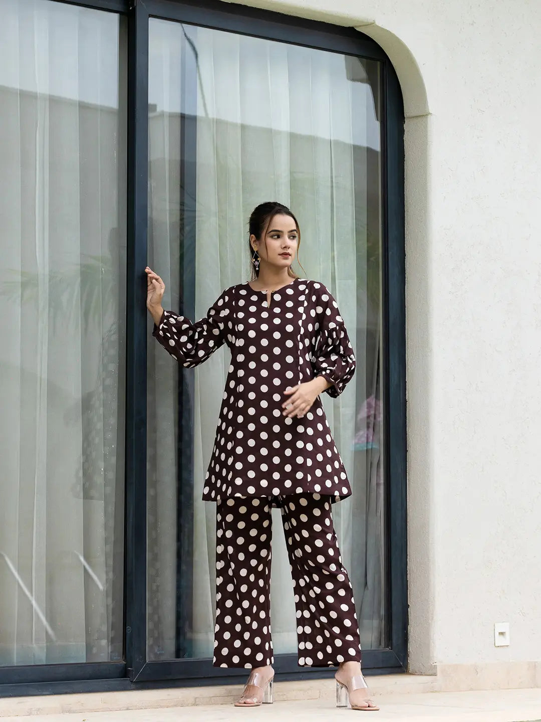 Yufta Brown Polka Dot Print Top And Trouser Co Ord Set - Swadesiicart
