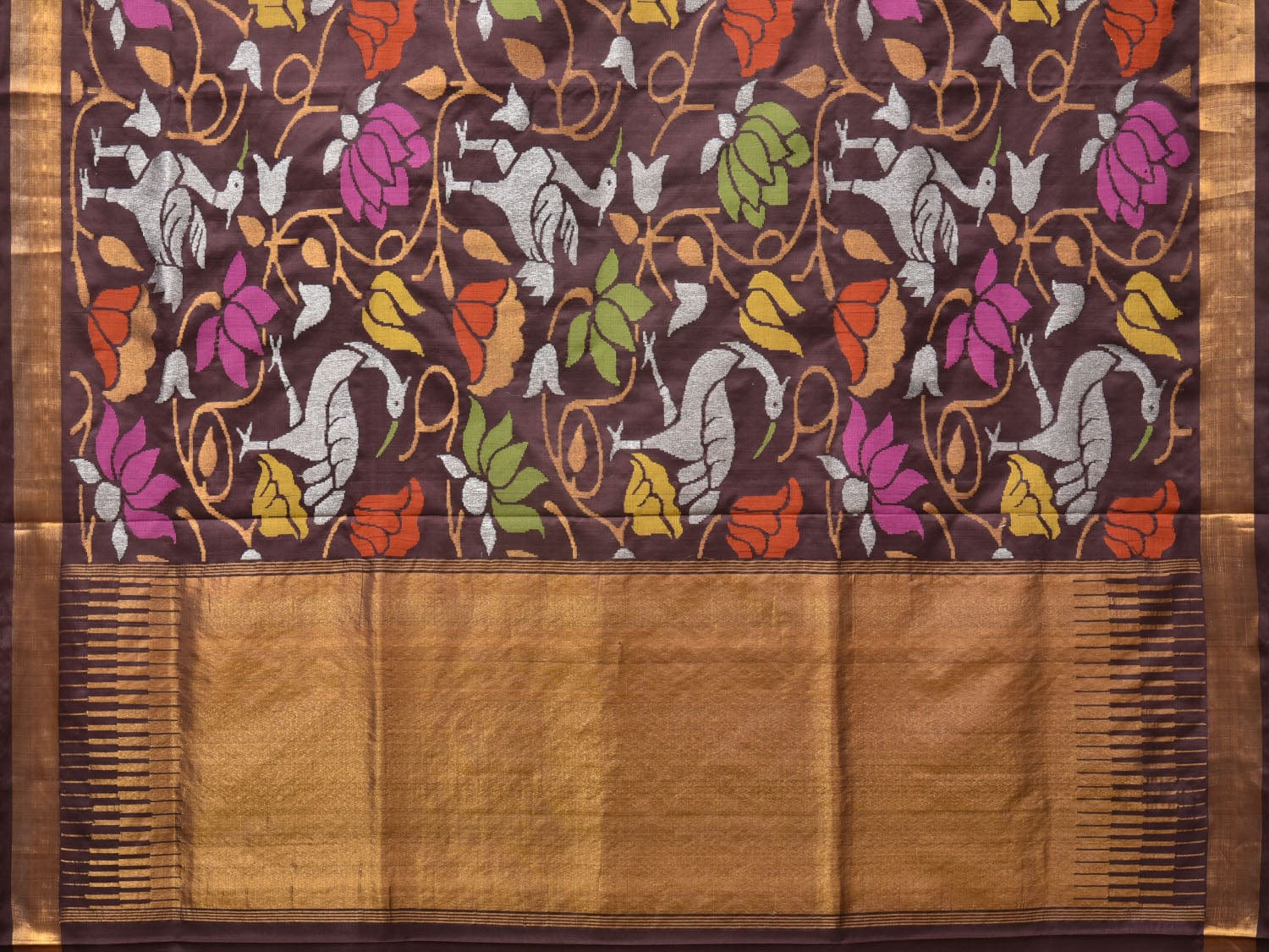 Brown Uppada Silk Handloom Saree with All Over Birds and Lotus Design - Global Threads | Swadesiicart