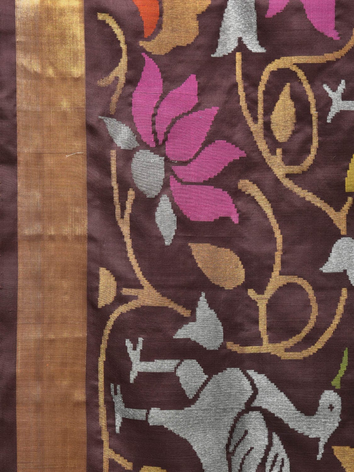 Brown Uppada Silk Handloom Saree with All Over Birds and Lotus Design - Global Threads | Swadesiicart