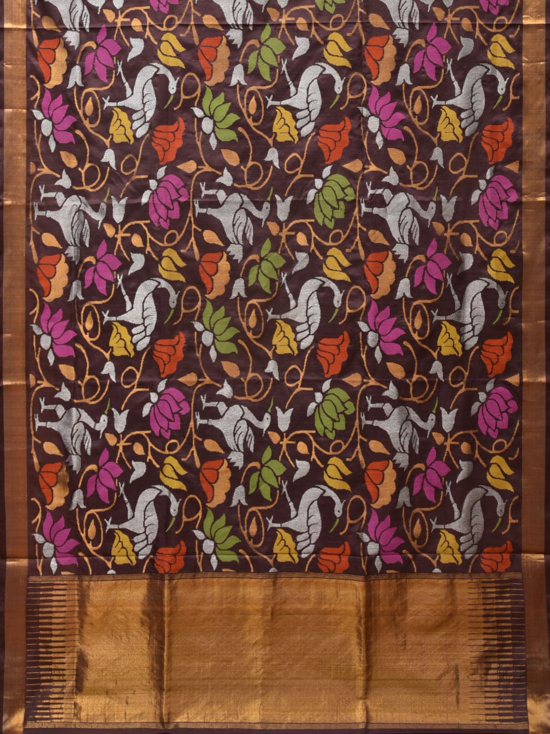 Brown Uppada Silk Handloom Saree with All Over Birds and Lotus Design - Global Threads | Swadesiicart