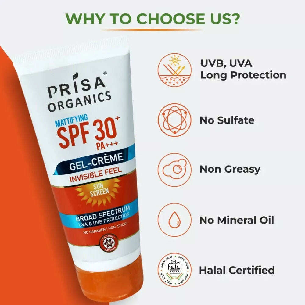 Prisa Organics Mattifying Sun Screen SPF 30 PA+++ Invisible Feel Gel Cream - Swadesiicart