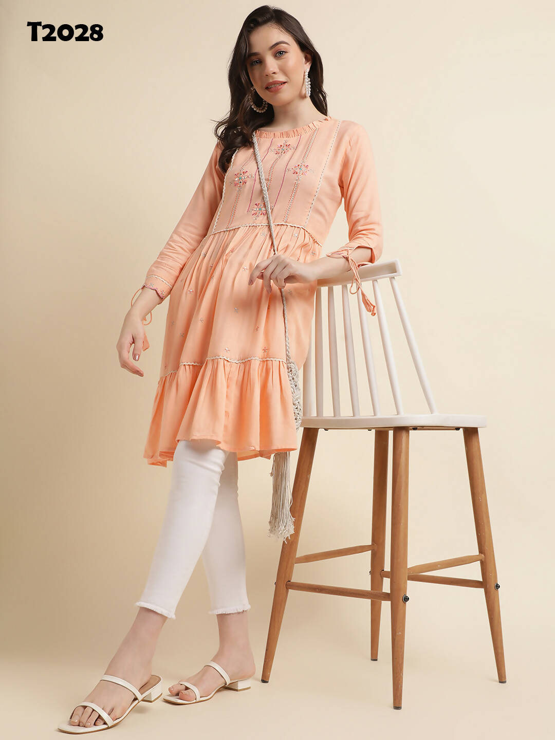 Peach Poly Cotton Yoke Embroidered A-line Top - Tarini - Swadesiicart
