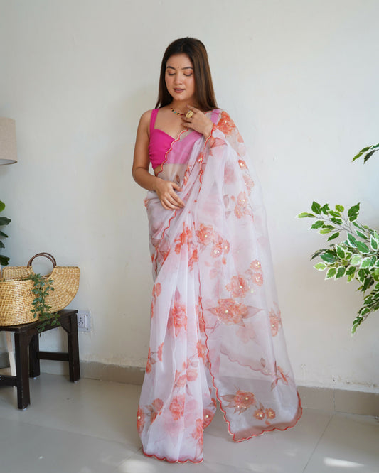 Vamsee Ramya White Organza Saree - Swadesiicart