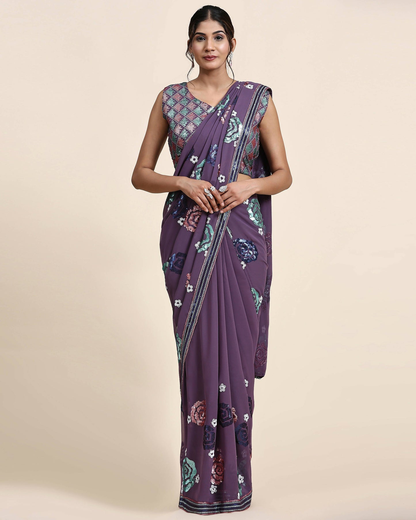 Purple Pure Georgette Sequence work Ready to wear Saree with stitched Blouse - Nirvana | Swadesiicart