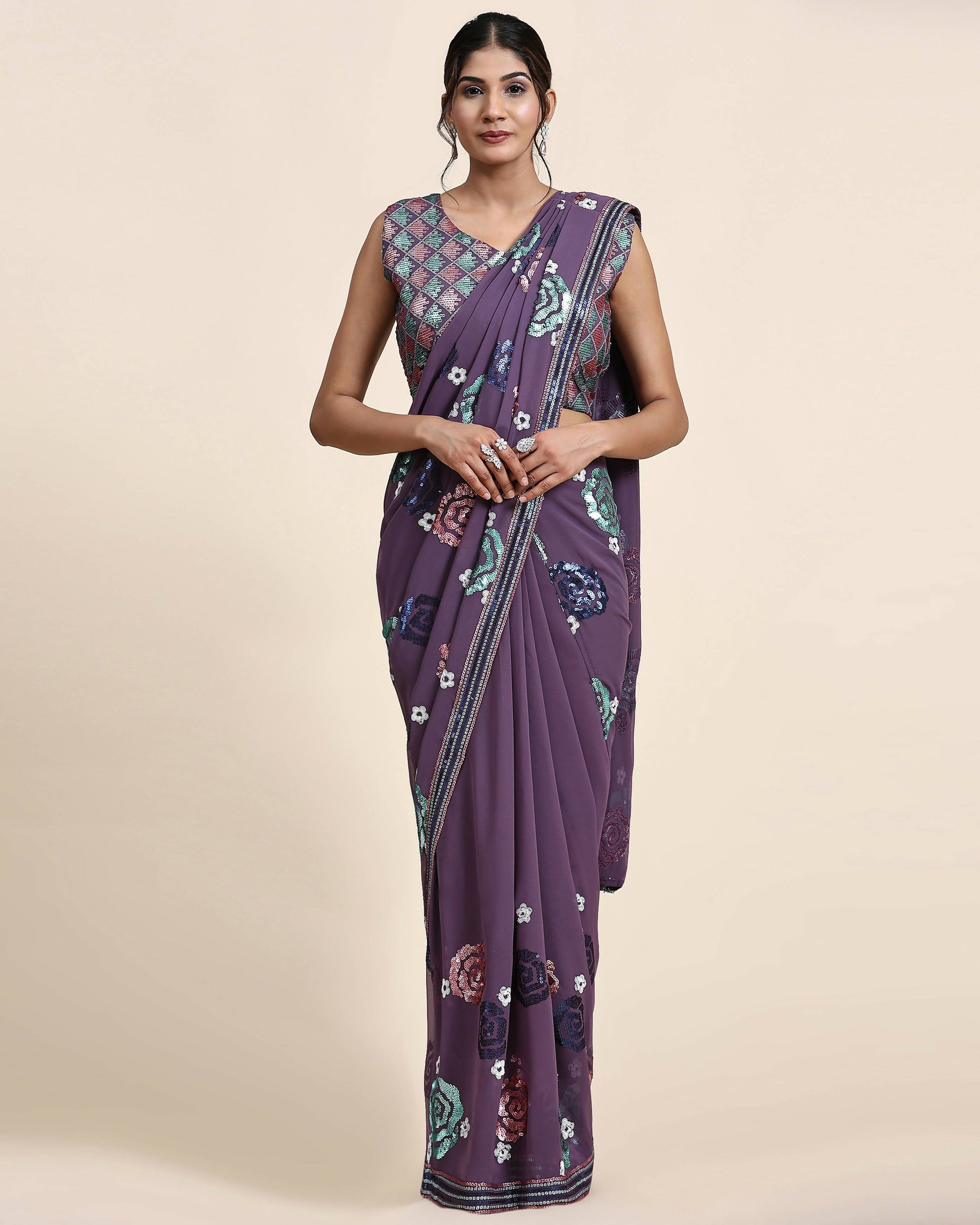 Purple Pure Georgette Sequence work Ready to wear Saree with stitched Blouse - Nirvana | Swadesiicart