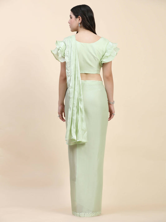 Light Green Silk Satin Sequence Work Ready to Wear Saree with stitched Blouse - Nirvana | Swadesiicart