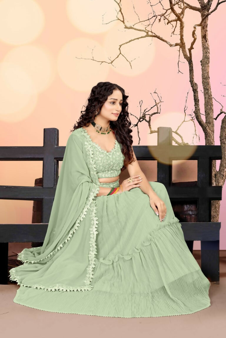 Jyoti Fashion Sea Green Two Tier Crush Georgette Lehenga Choli with Dupatta | Swadesiicart