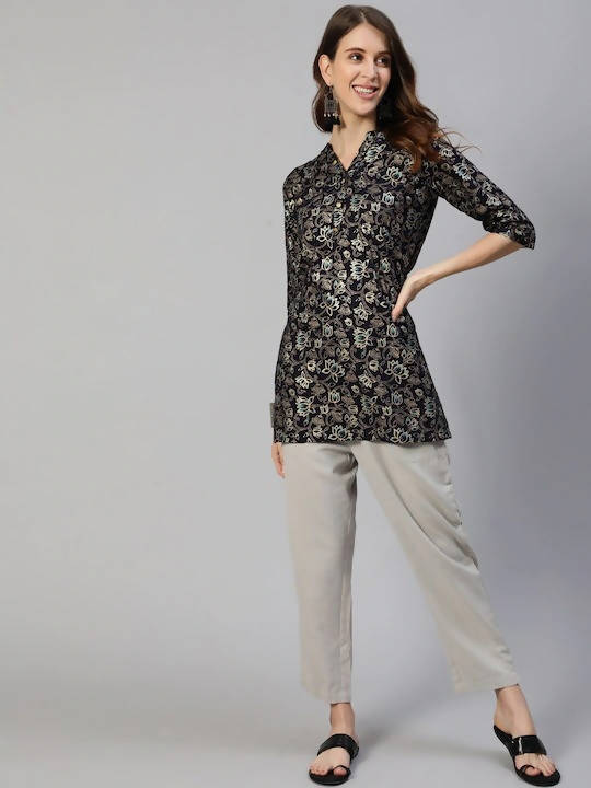 Anubhutee Navy Blue & Gold Ethnic Motifs Foil Printed Kurti | Swadesiicart