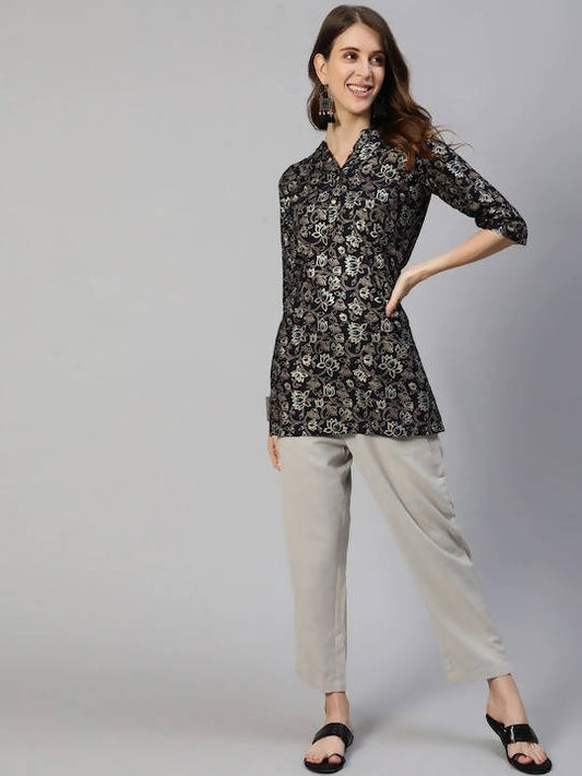 Anubhutee Navy Blue & Gold Ethnic Motifs Foil Printed Kurti | Swadesiicart