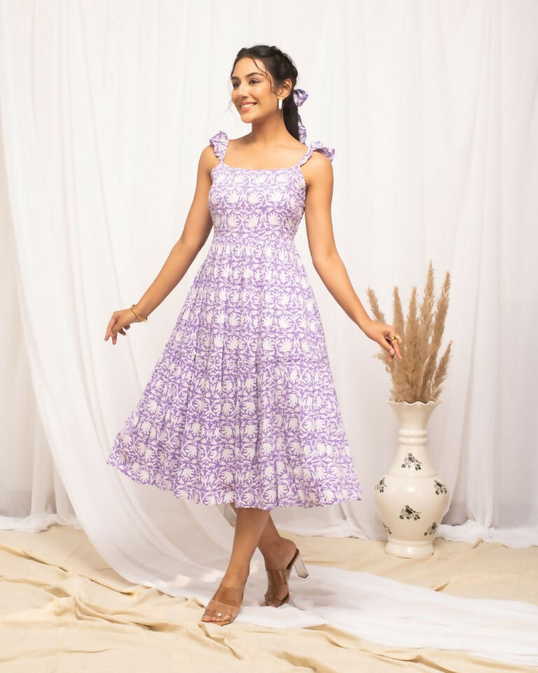 FIORRA Women's Lavender Cotton Floral Printed Dress - Swadesiicart