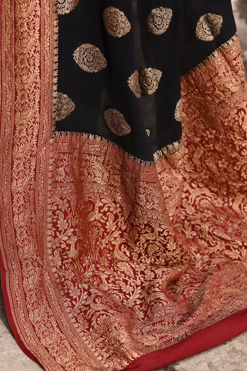Joban Fashion Black Crepe Chiffon Pure Handloom Banarasi Silk Saree | Swadesiicart