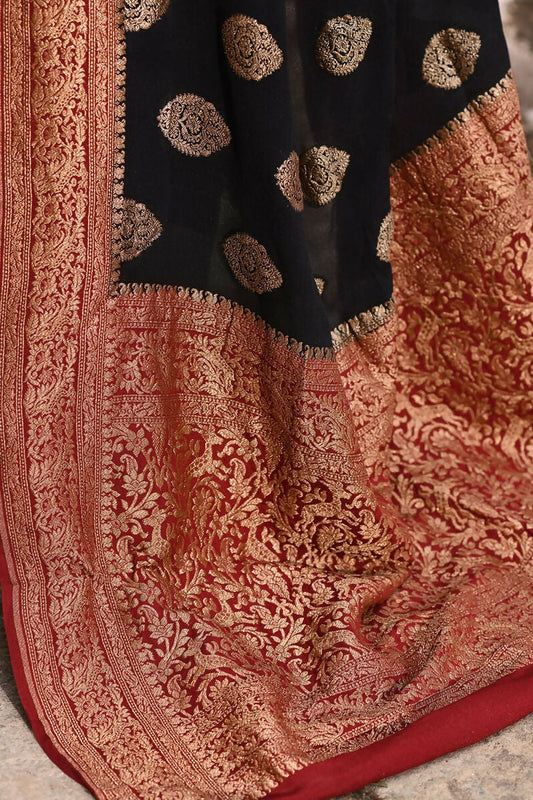 Joban Fashion Black Crepe Chiffon Pure Handloom Banarasi Silk Saree | Swadesiicart