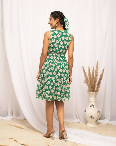 FIORRA Women's Green Georgette Floral Printed Western Dress - Swadesiicart