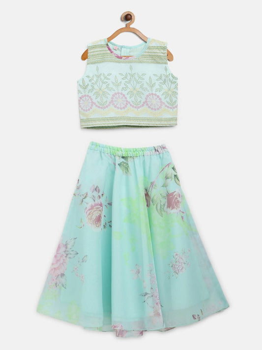 Ahalyaa Aqua Blue Organza Printed Lehenga Choli For Kids For Girls | Swadesiicart