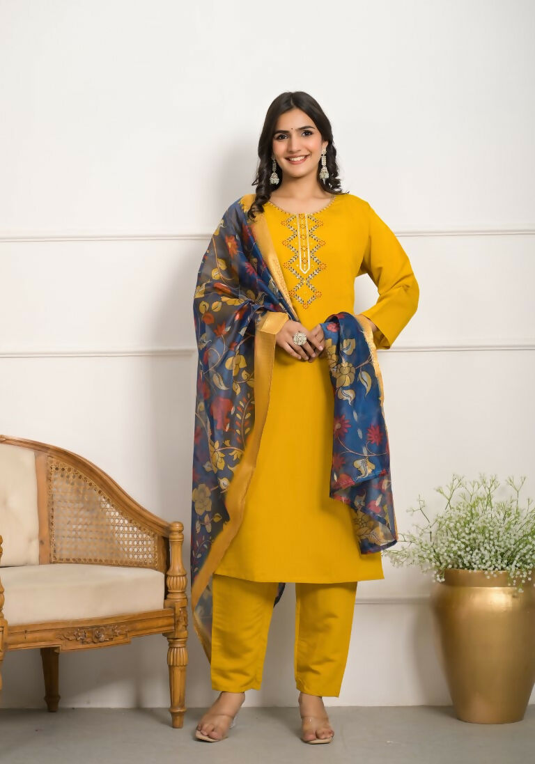 Festive Wear Ethnic YellowViscose Chanderi Stitched Suit With Dupatta - Tanisha | Swadesiicart