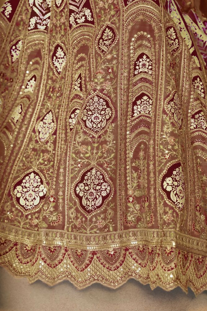 Kesar Fab Coffee Banarasi Silk Embroidered Lehenga | Swadesiicart